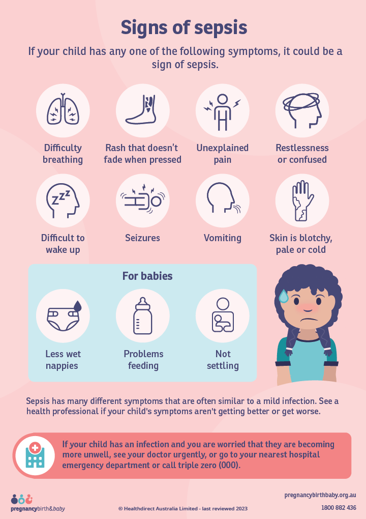 Illustration of symptoms of sepsis in babies and children.