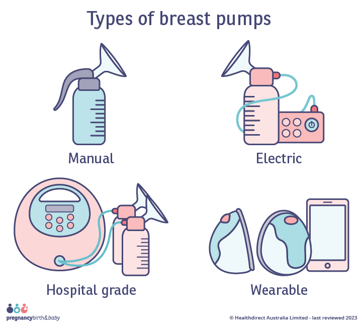 Illustration of the four main types of breast pumps available; a manual breast pump, an electric breast pump, a hospital grade breast pump and wearable breast pumps.